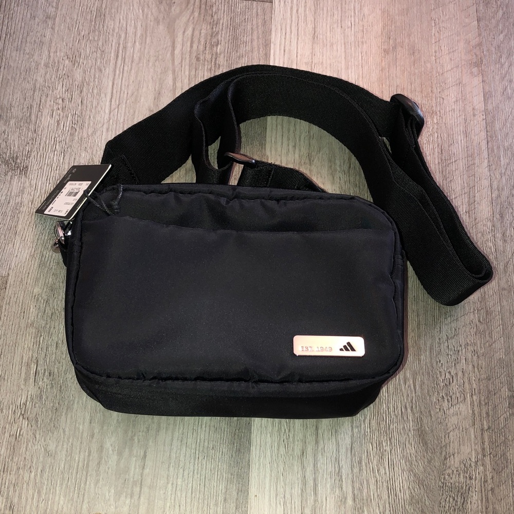 adidas 100% Polyester Luxe Crossbody Bag Color Black Silver Tone Logo Plate NWT